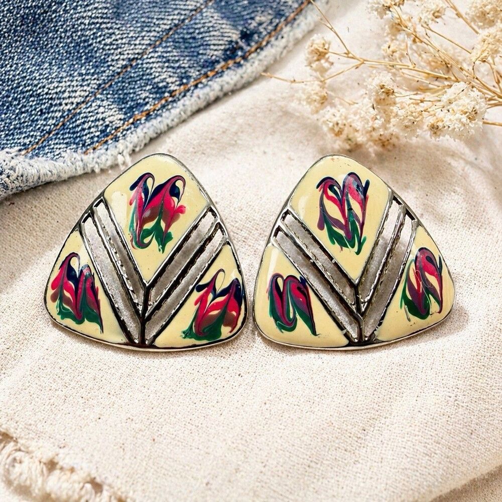 Vintage Abstract Enamel Earrings Geometric Silver Tone Pink Green Statement 90s